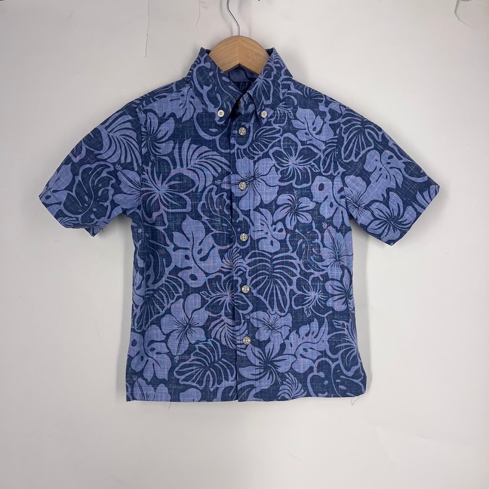 Reyn Spooner Kids XS Blue Floral Monstera Leaf Hawaiian Button Down Shirt